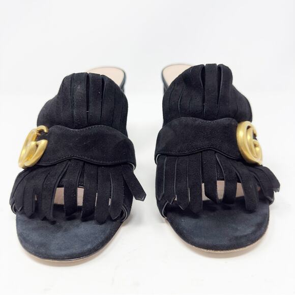 Gucci GG Marmont Black Suede Fringe Mules Sandals Size 37 - Picture 2 of 9